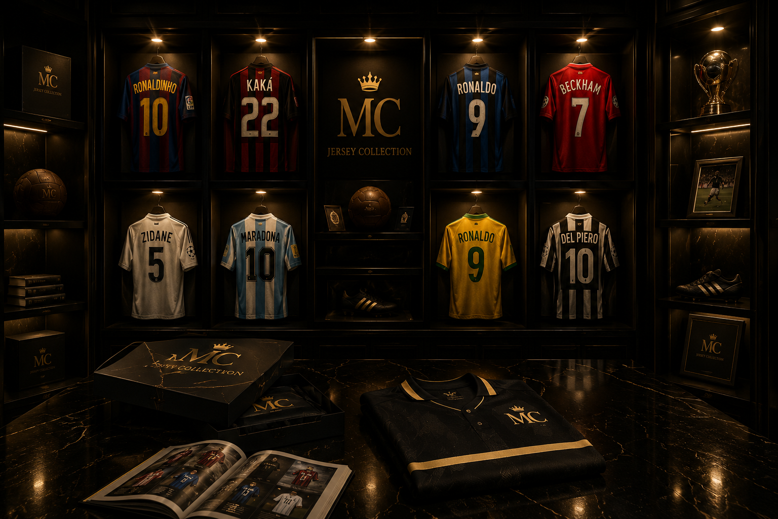 Colección de jerseys de fútbol exhibidos en un showroom